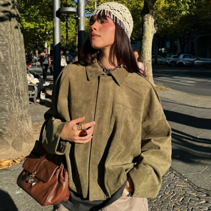 Women's Bomber Jacket Oversized Cropped Zip Front - Green