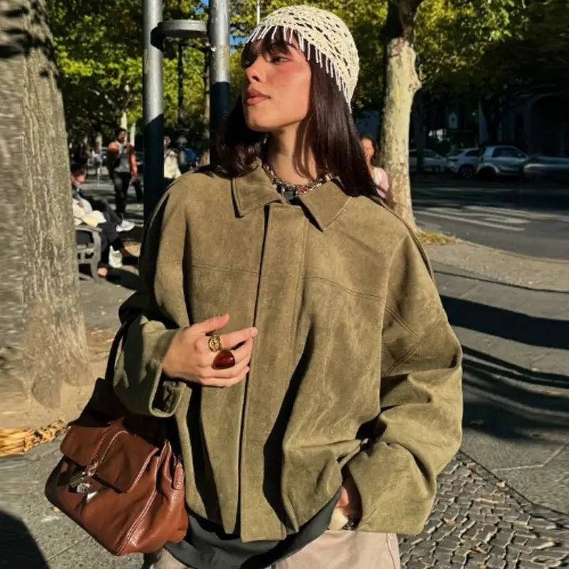 Women's Bomber Jacket Oversized Cropped Zip Front - Green