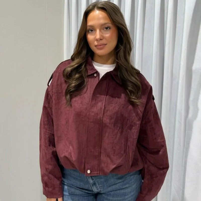 Women's Bomber Jacket Oversized Cropped Zip Front - Burgundy