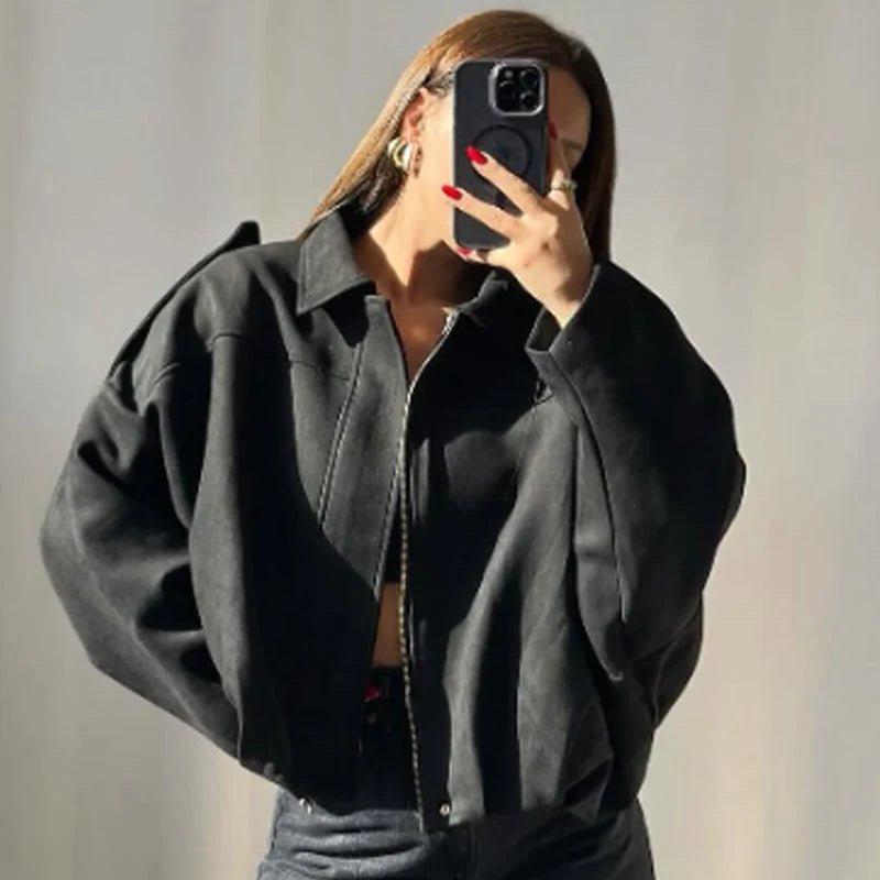 Women's Bomber Jacket Oversized Cropped Zip Front - Black