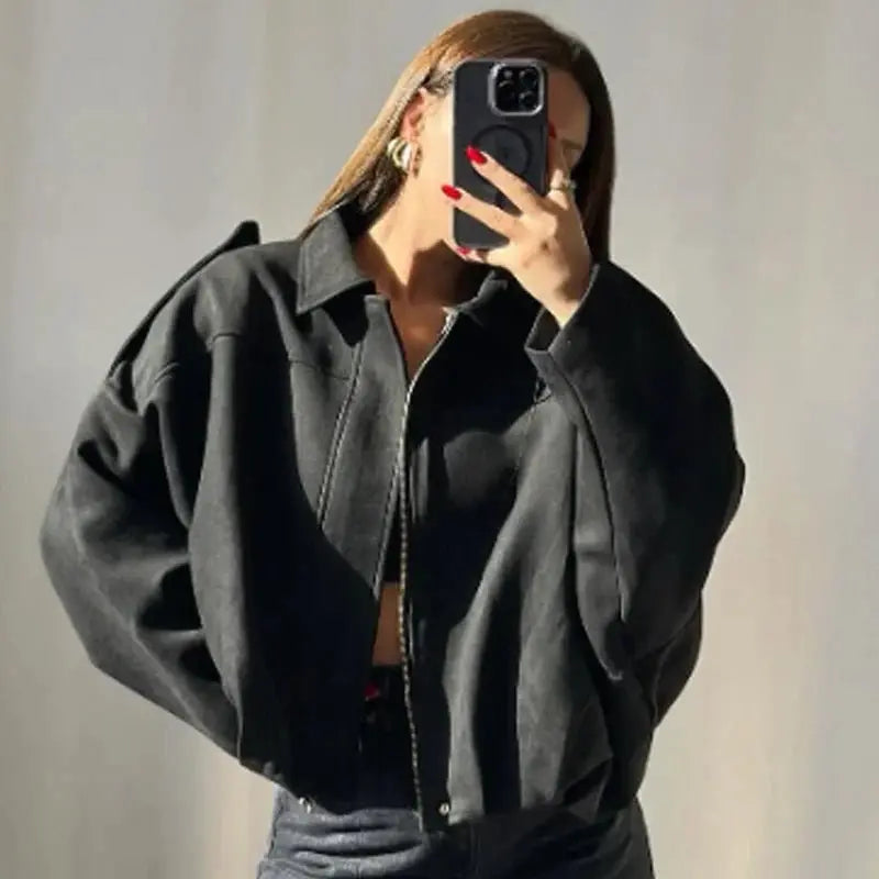 Women's Bomber Jacket Oversized Cropped Zip Front - Black