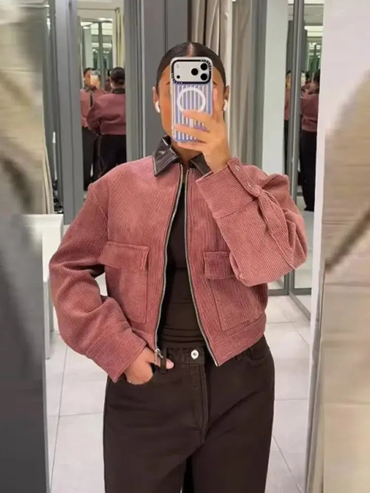 Women's Bomber Jacket Ribbed Cropped Zip Front Flap Pockets