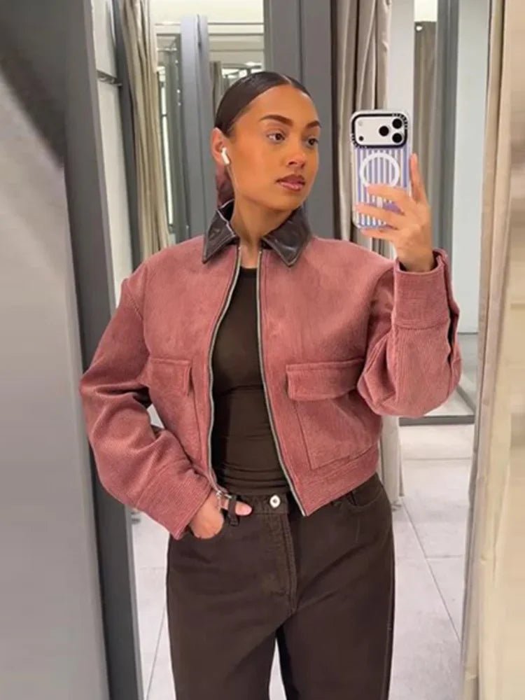 Women's Bomber Jacket Ribbed Cropped Zip Front Flap Pockets