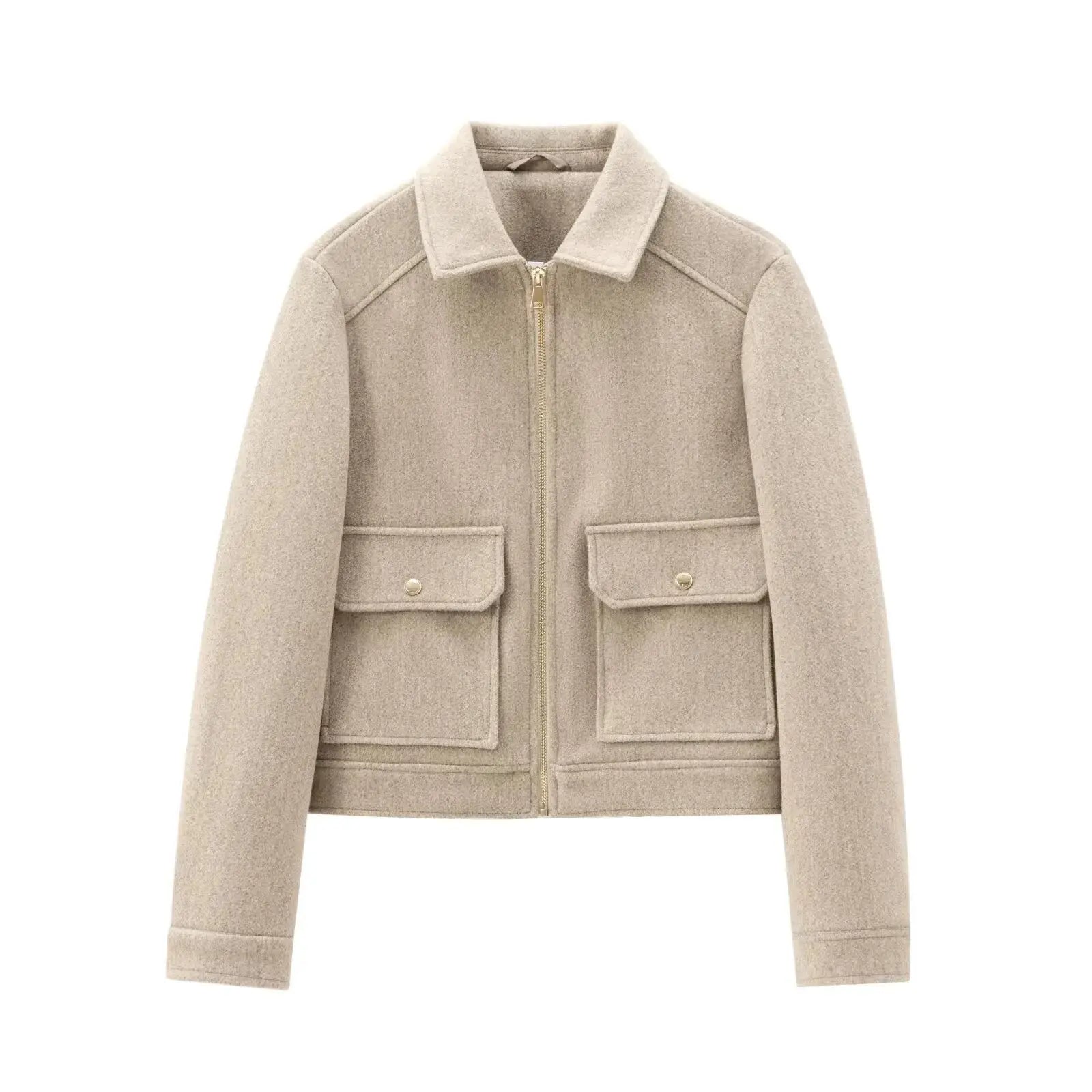 Women's Bomber Jacket Short Zip Front Ribbed Cuffs - Khaki
