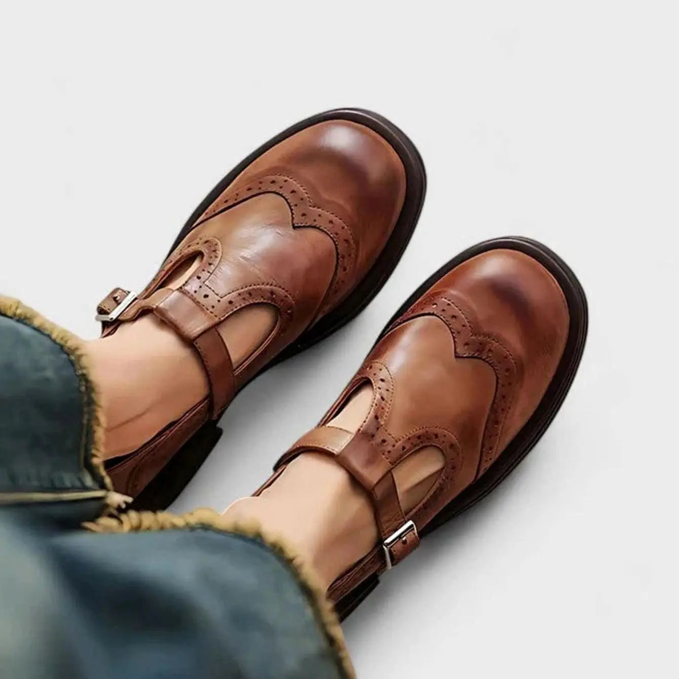 Women's Brogue Leather T-Bar Classic Boots Flat Mary Jane Shoes