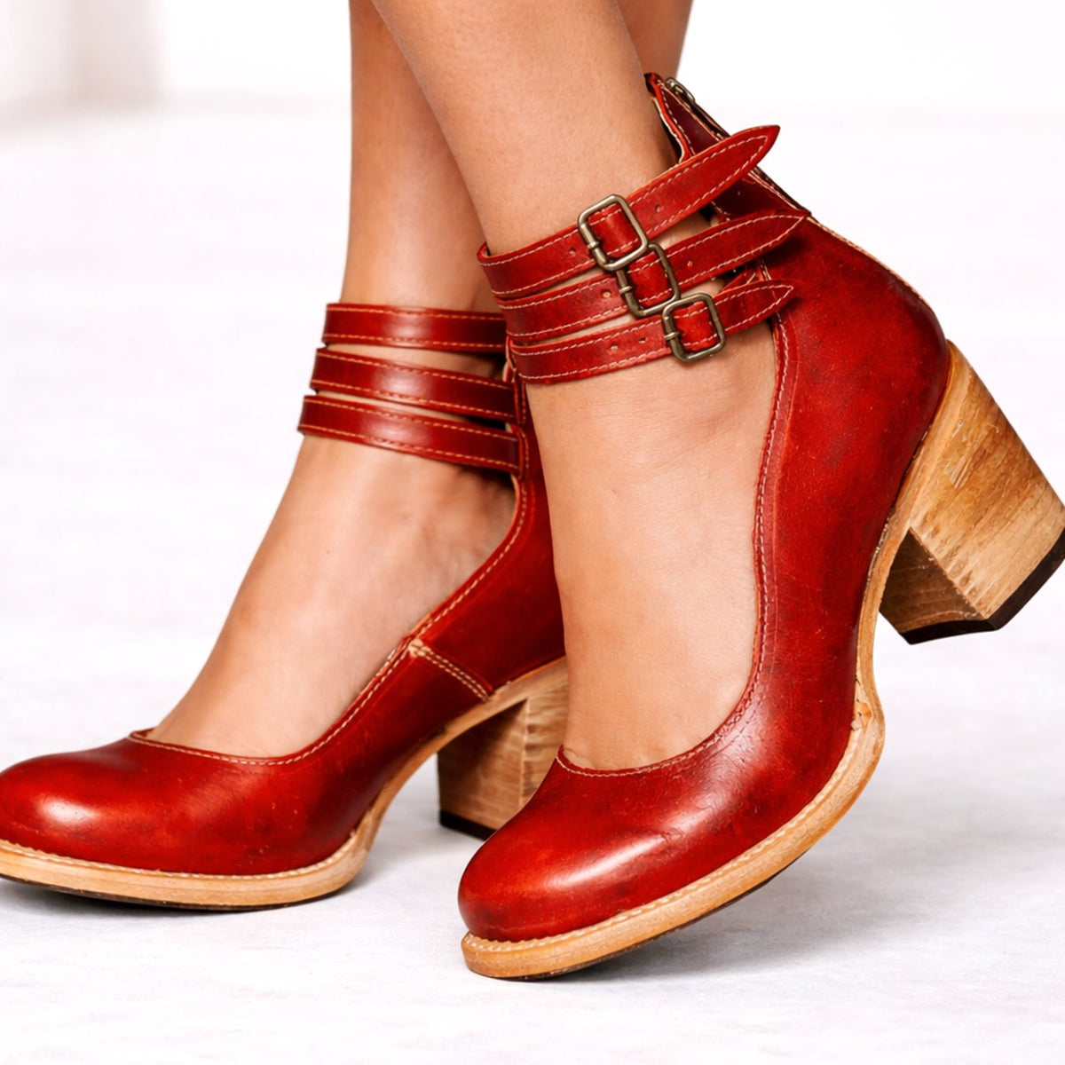 Women's Brown Block Heel Ankle Boots Triple Buckle Strap - Red