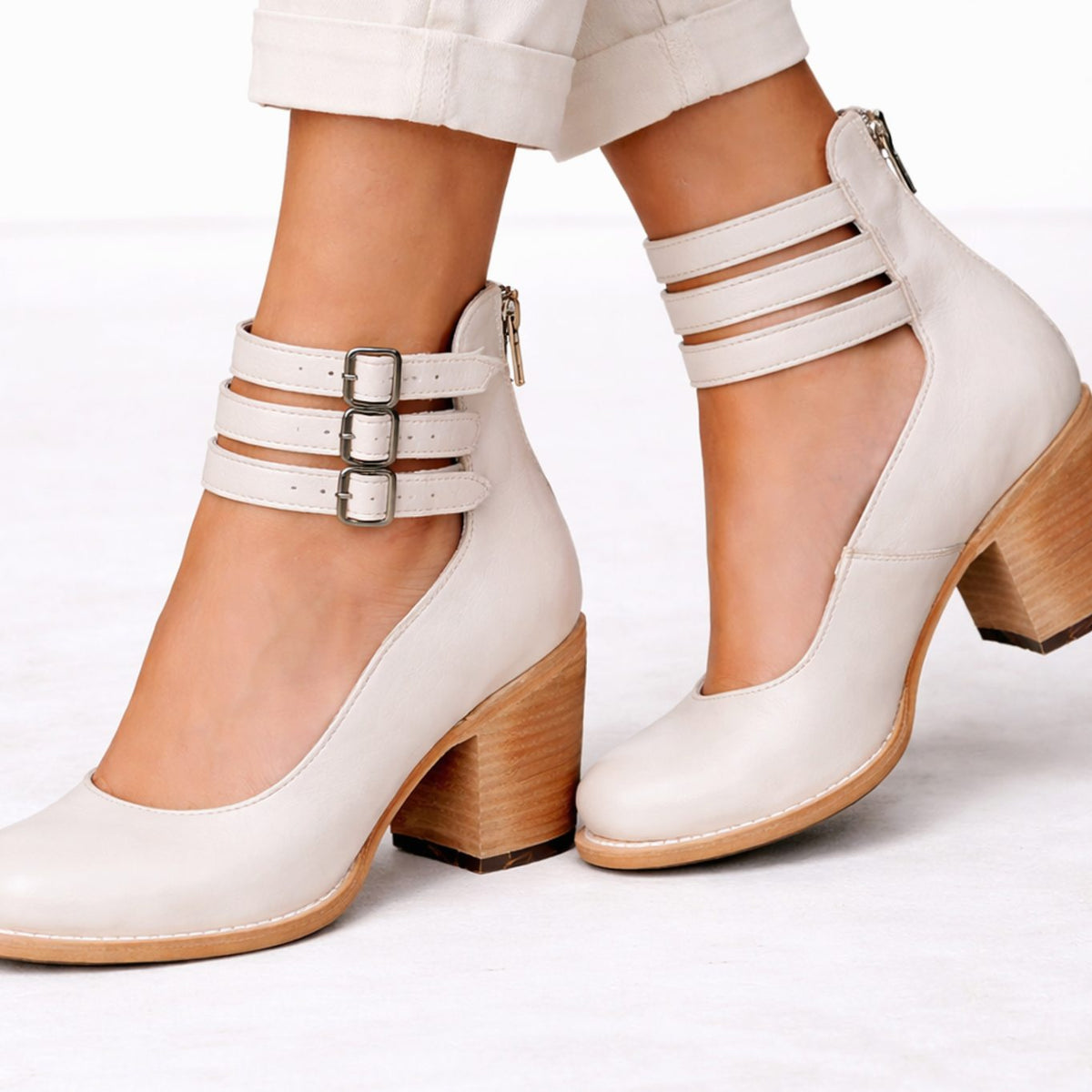 Women's Brown Block Heel Ankle Boots Triple Buckle Strap - White