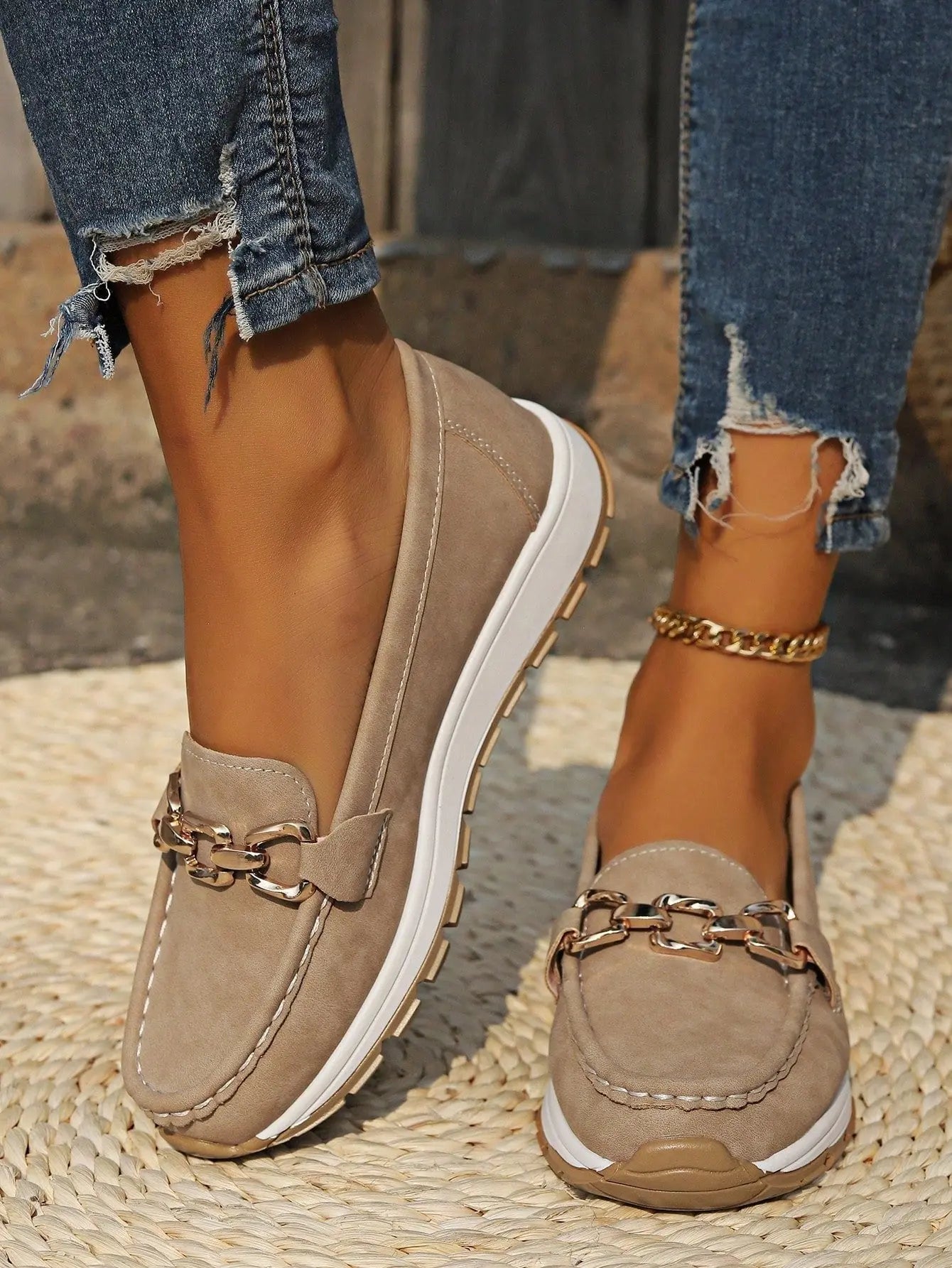 Women's Buckle Loafers Slip-On Flat Trainers - Khaki