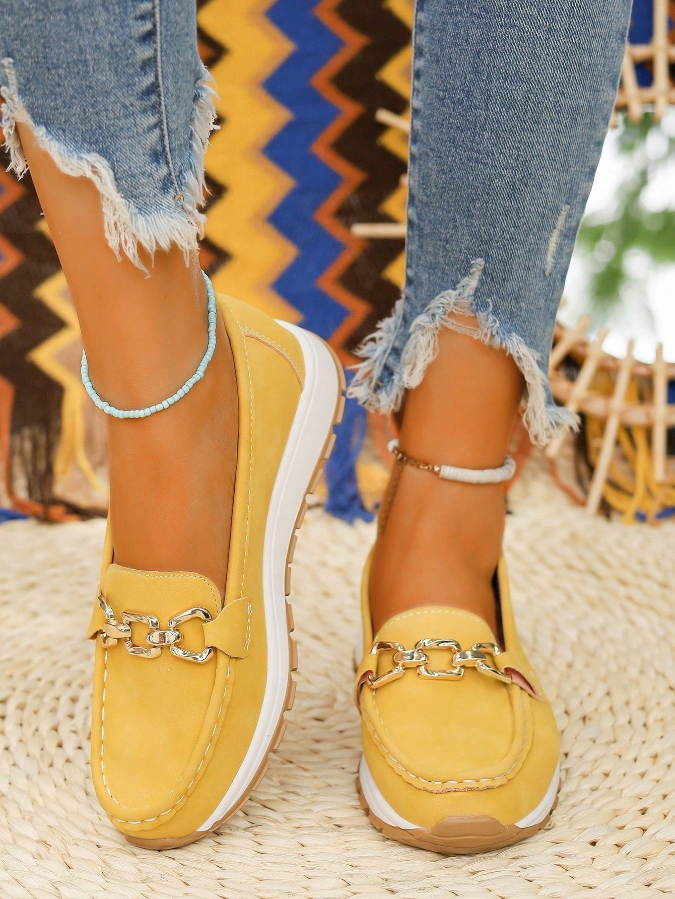 Women's Buckle Loafers Slip-On Flat Trainers - Yellow