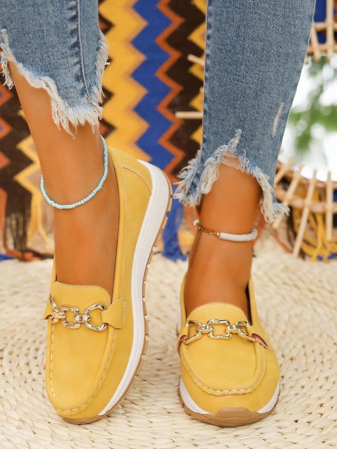 Women's Buckle Loafers Slip-On Flat Trainers - Yellow