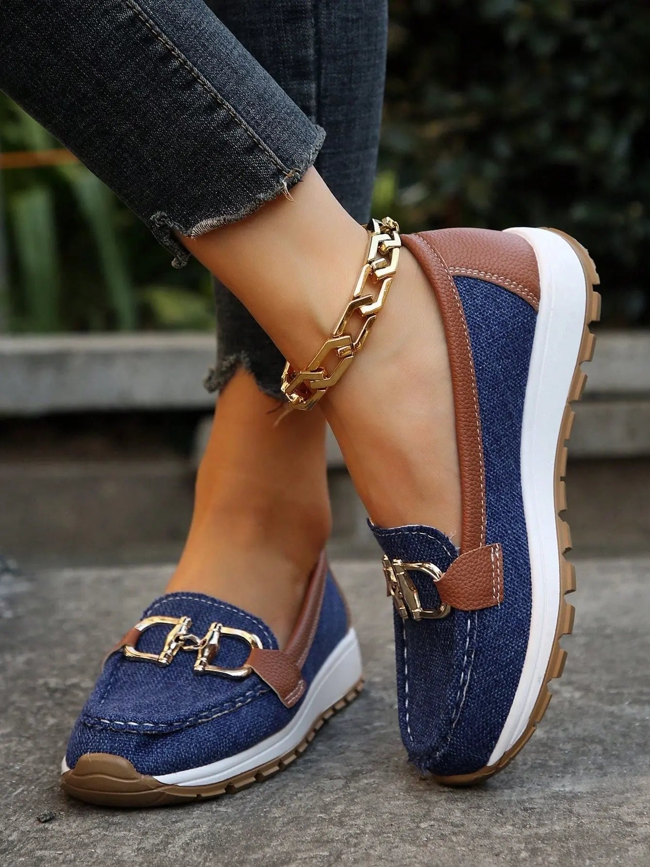 Women's Buckle Loafers Slip-On Flat Trainers - Blue