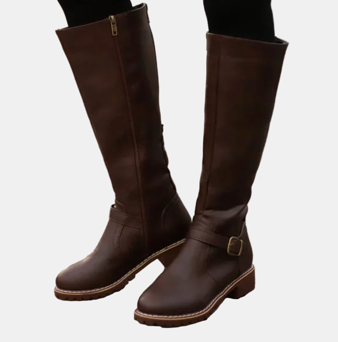 Women's Buckle-Strap Riding Knee High Boots Low Heel