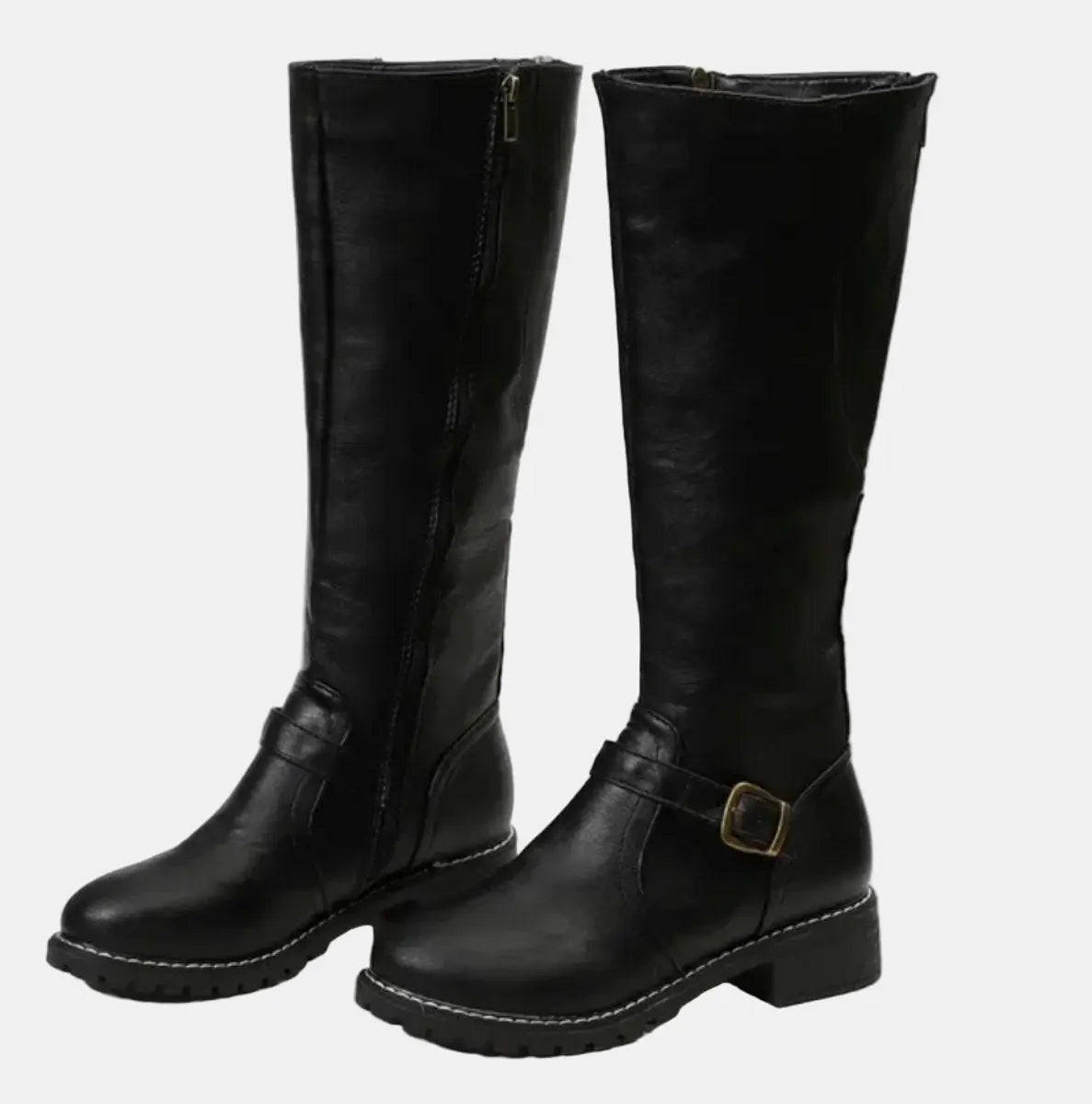 Women's Buckle-Strap Riding Knee High Boots Low Heel - Black