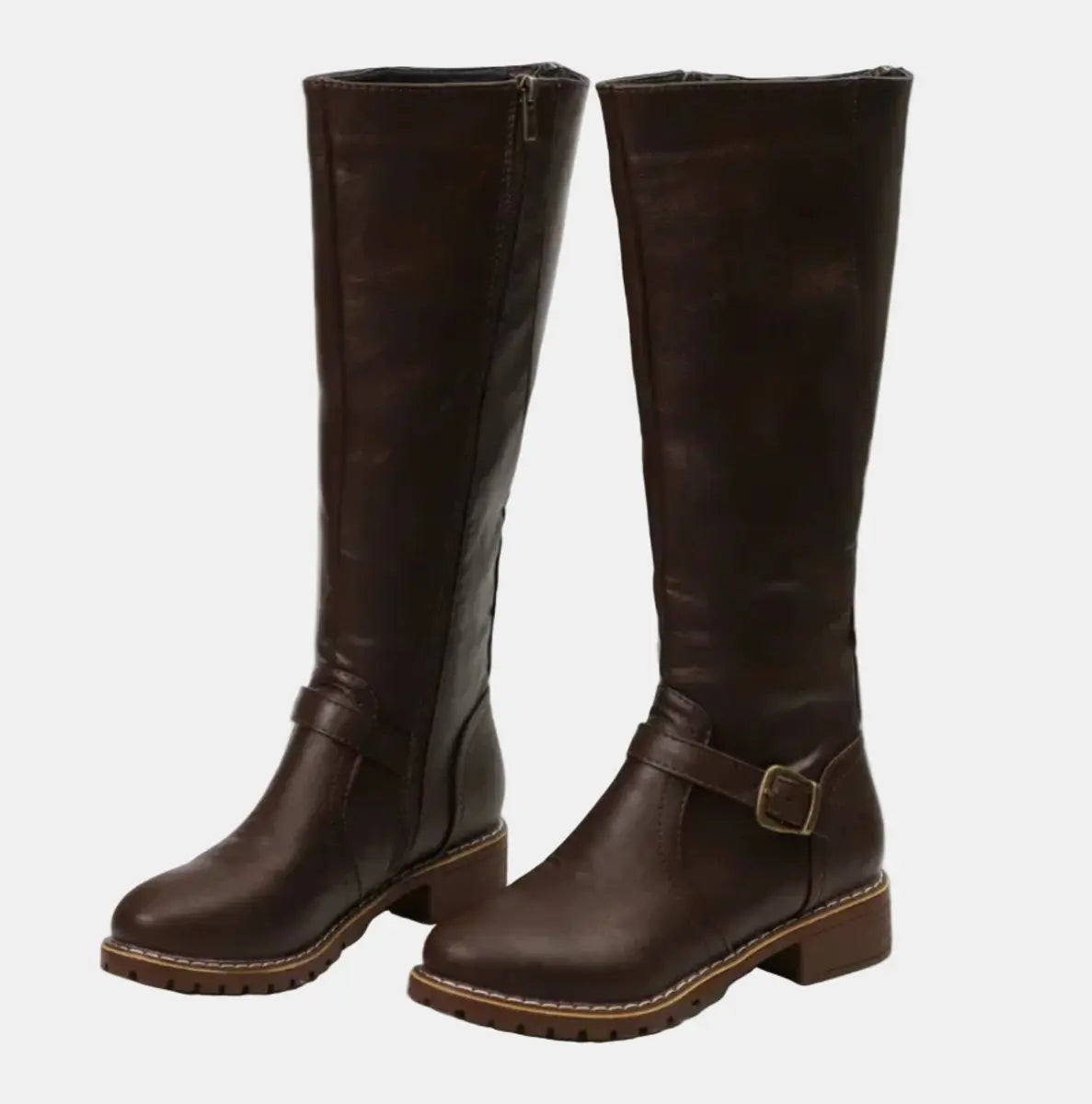 Women's Buckle-Strap Riding Knee High Boots Low Heel