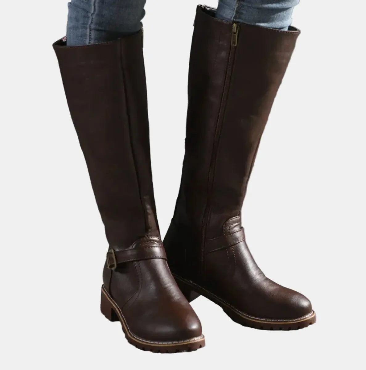 Women's Buckle-Strap Riding Knee High Boots Low Heel - Dark Brown