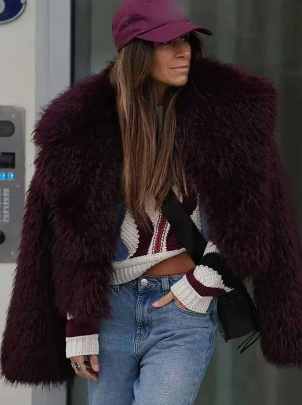 Women's Burgundy Faux Fur Fluffy Coat Large Collar