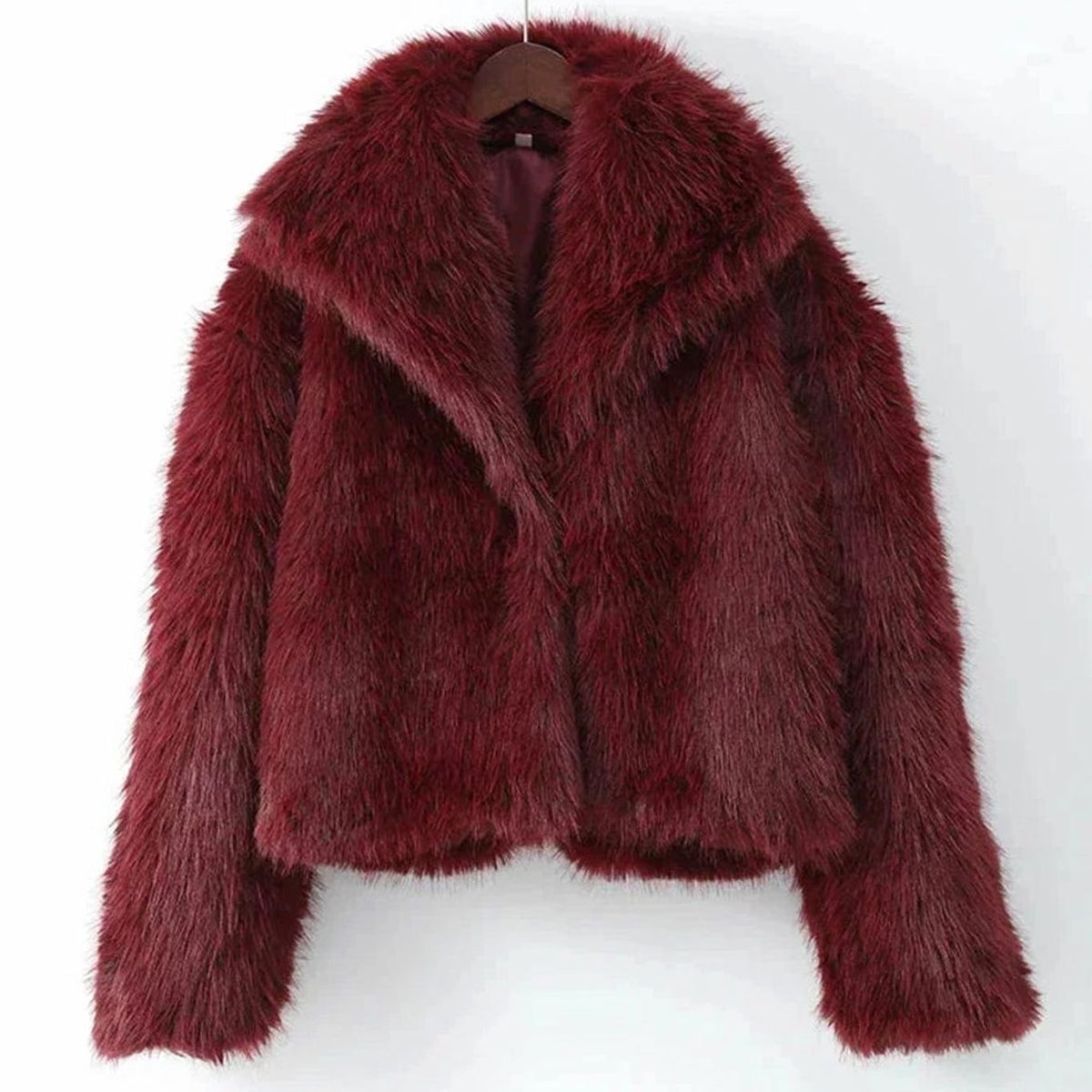 Women's Burgundy Faux Fur Fluffy Coat Large Collar