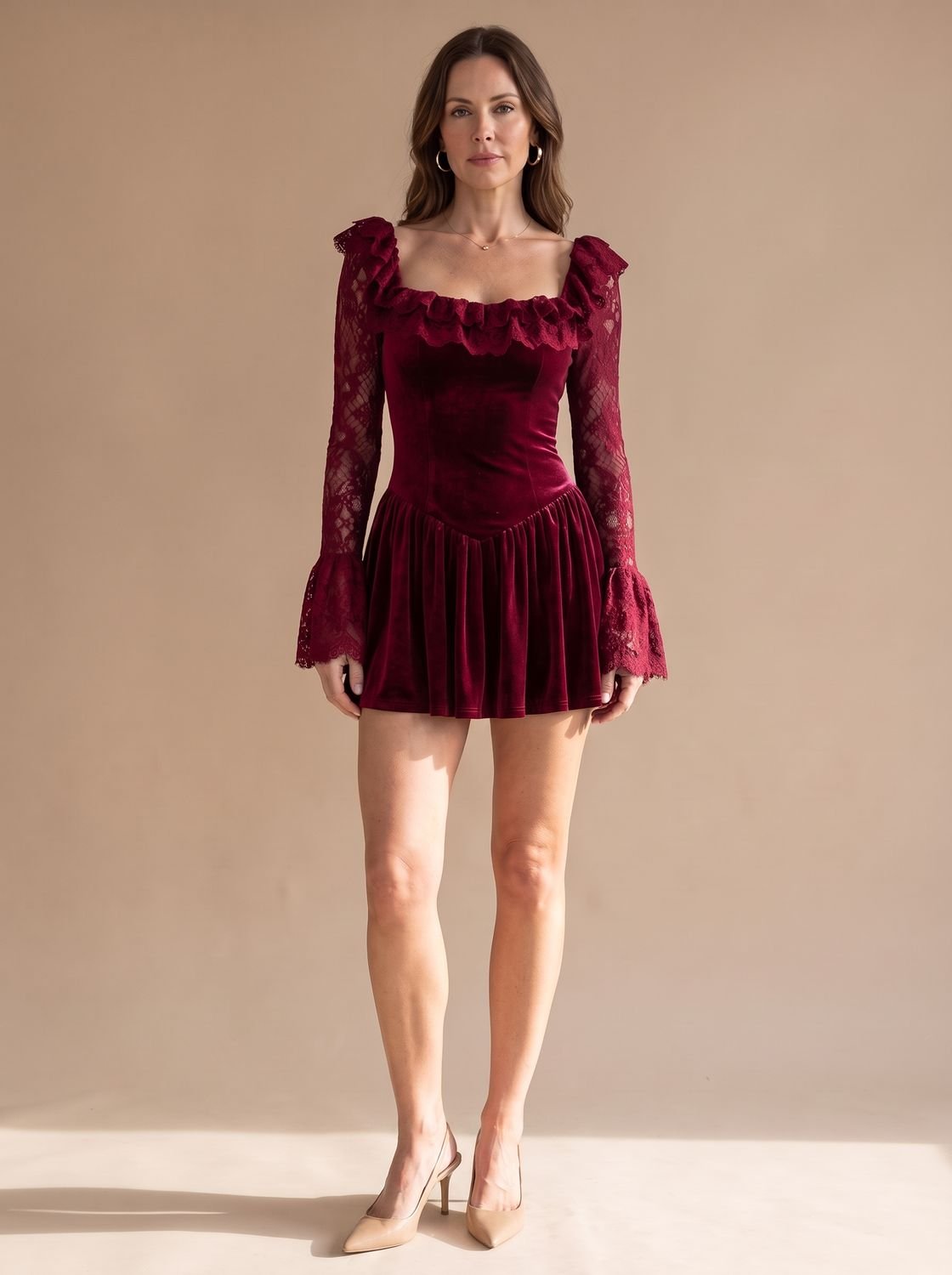 Women's Burgundy Velvet Lace-Sleeve Drop-Waist Mini Dress