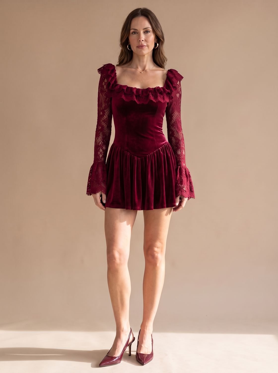 Women's Burgundy Velvet Lace-Sleeve Drop-Waist Mini Dress