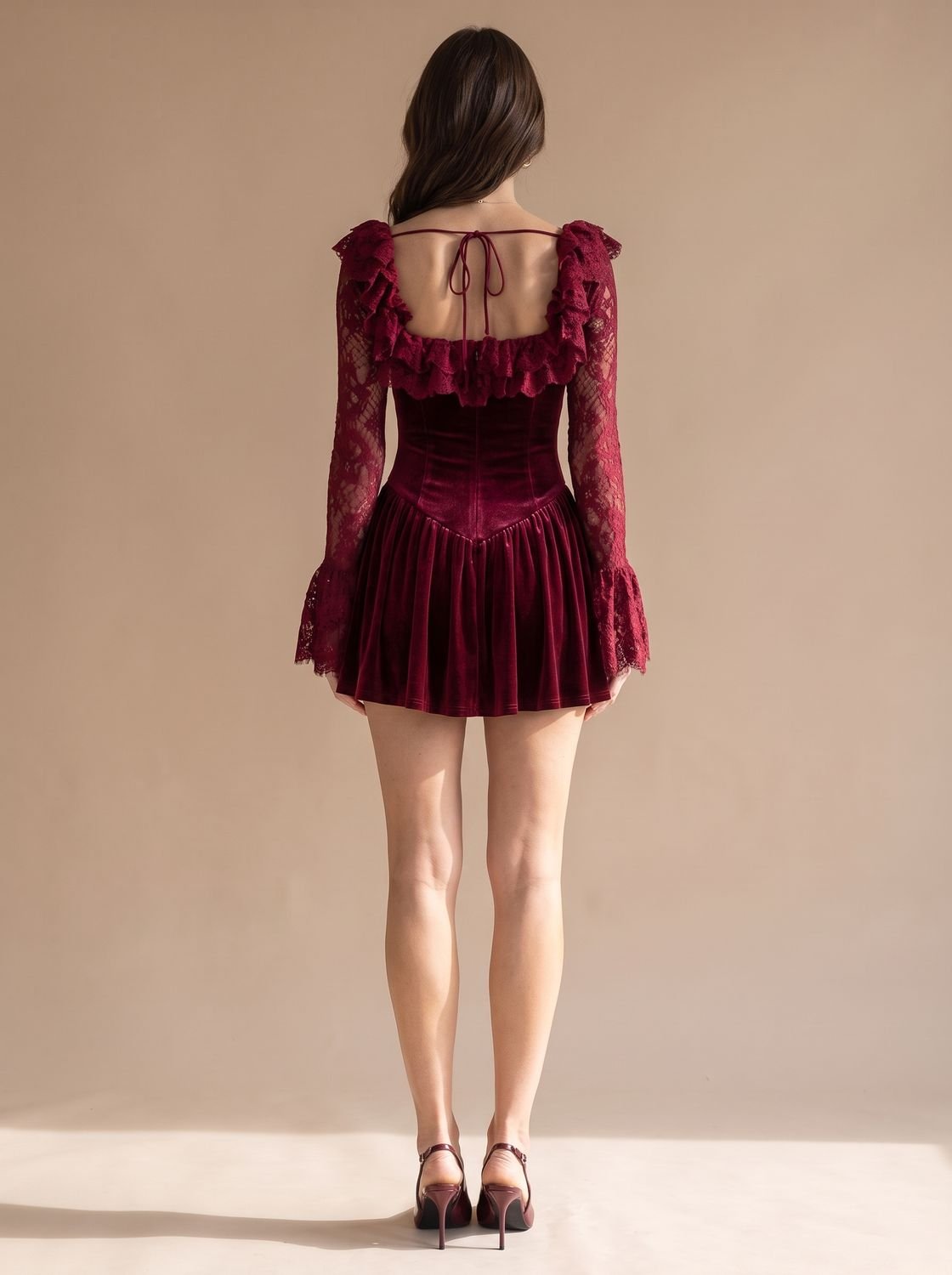 Women's Burgundy Velvet Lace-Sleeve Drop-Waist Mini Dress
