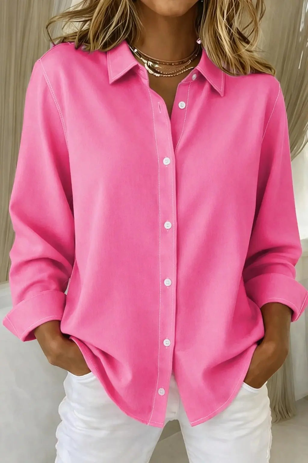 Women's Button Down Shirt Long Sleeve Classic Collar - Fuchsia
