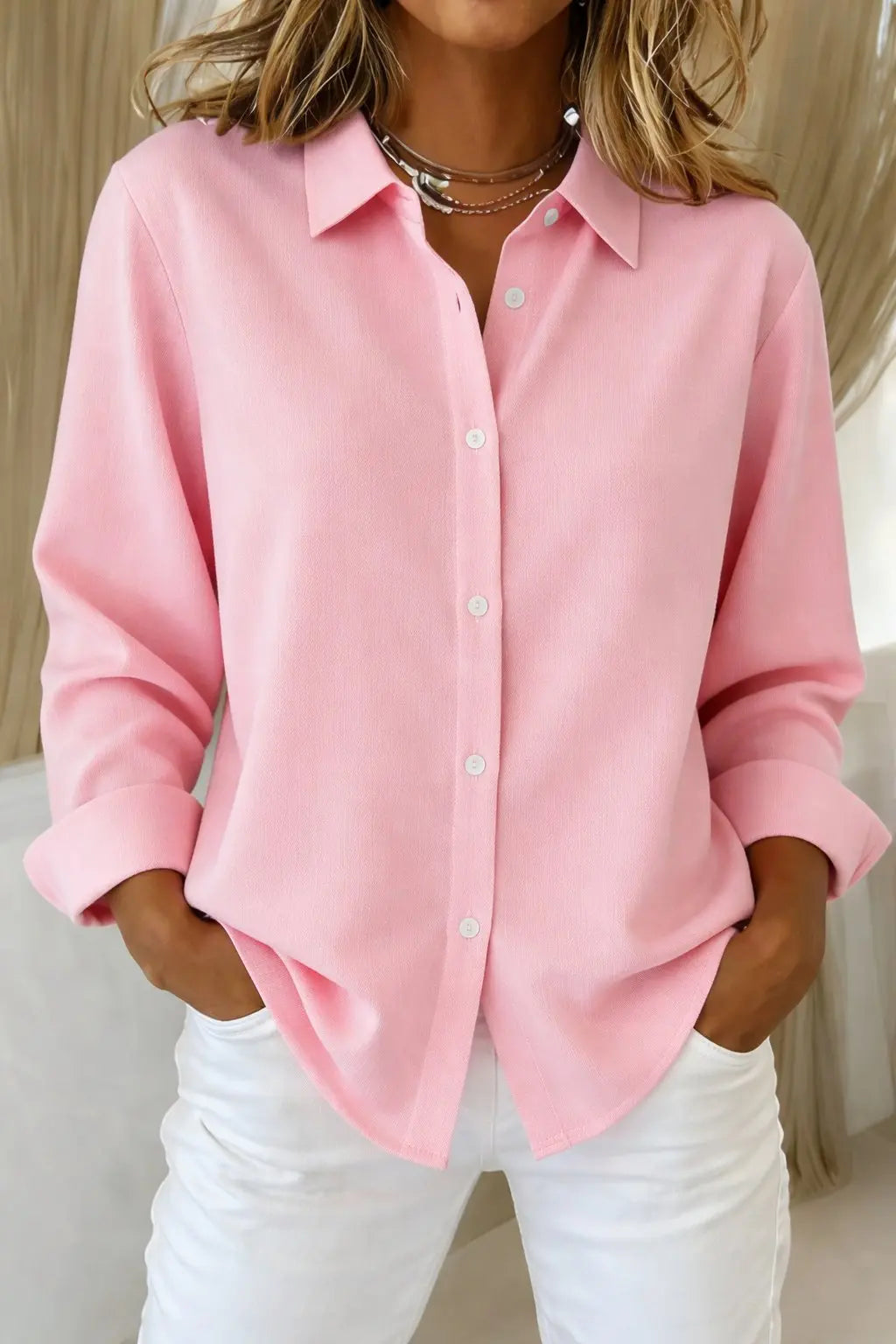 Women's Button Down Shirt Long Sleeve Classic Collar - Pink