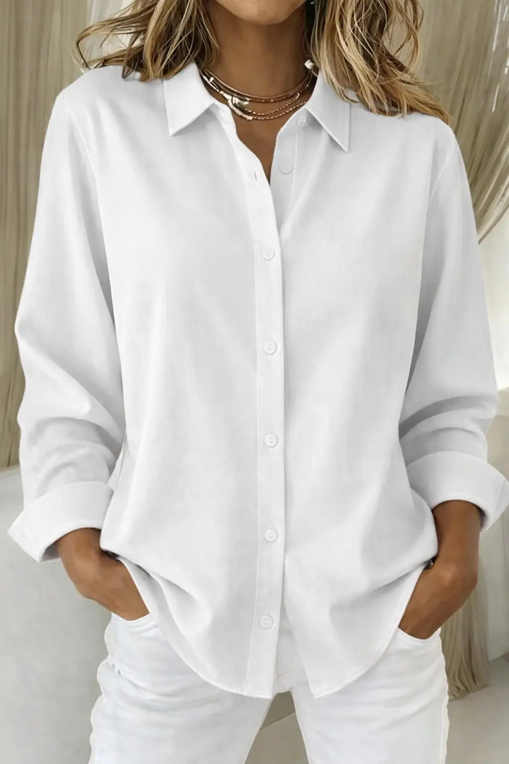 Women's Button Down Shirt Long Sleeve Classic Collar - White