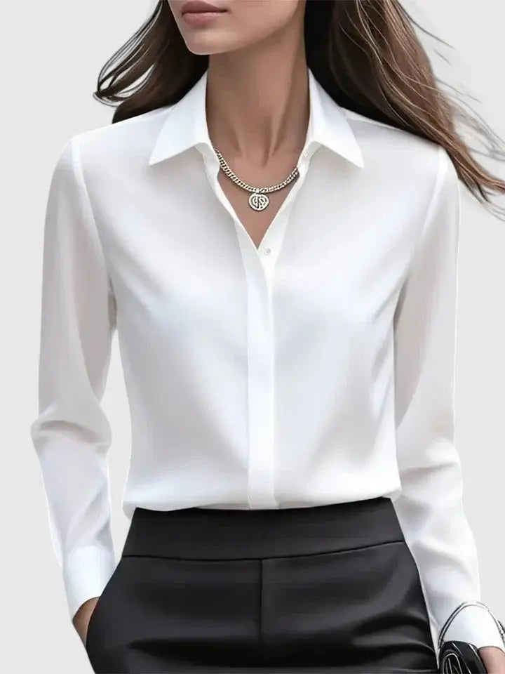 Women's Button Down Shirt Long Sleeve Curved Hem Classic - White