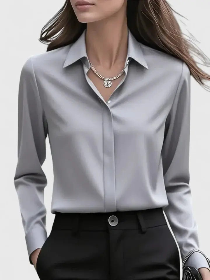Women's Button Down Shirt Long Sleeve Curved Hem Classic - Gray