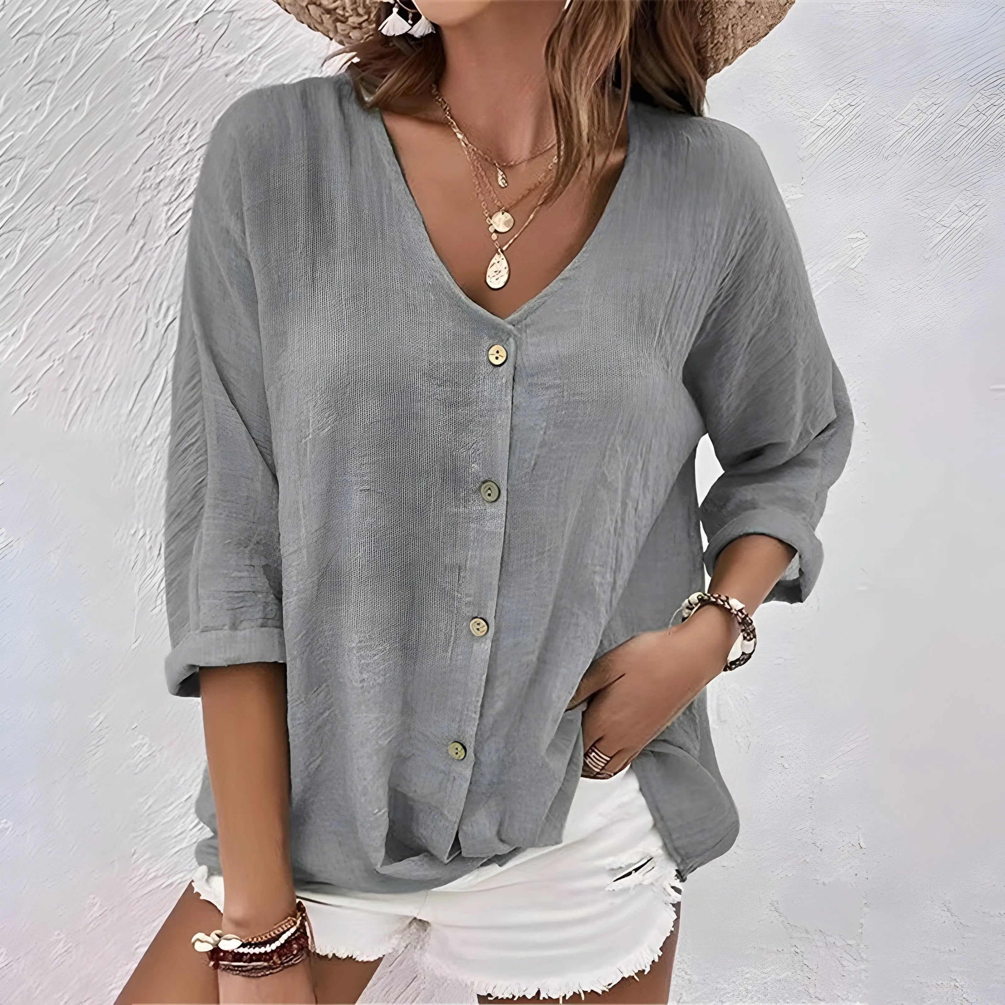 Women's Button-Up Blouse V-Neck Long Sleeve Relaxed