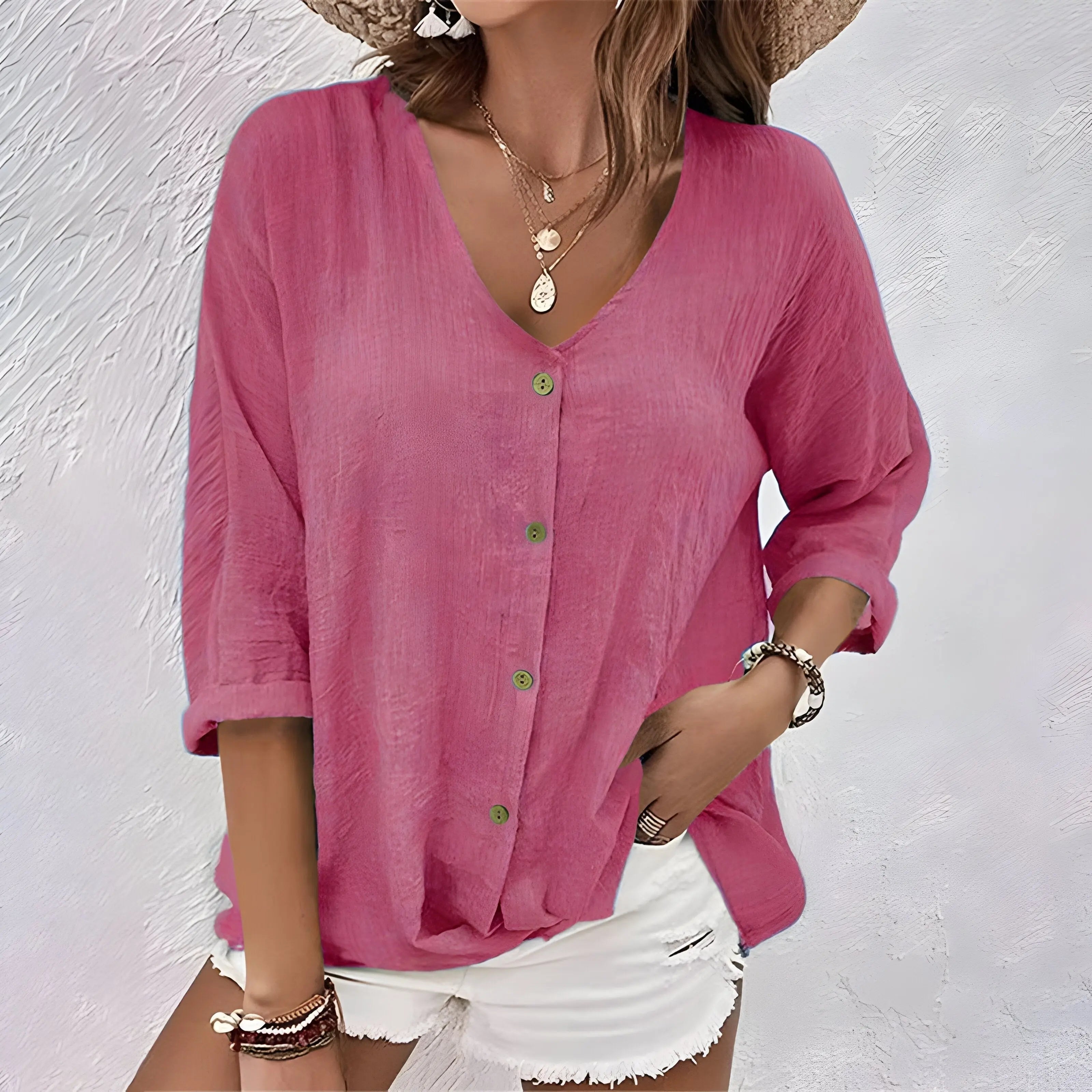 Women's Button-Up Blouse V-Neck Long Sleeve Relaxed - Pink