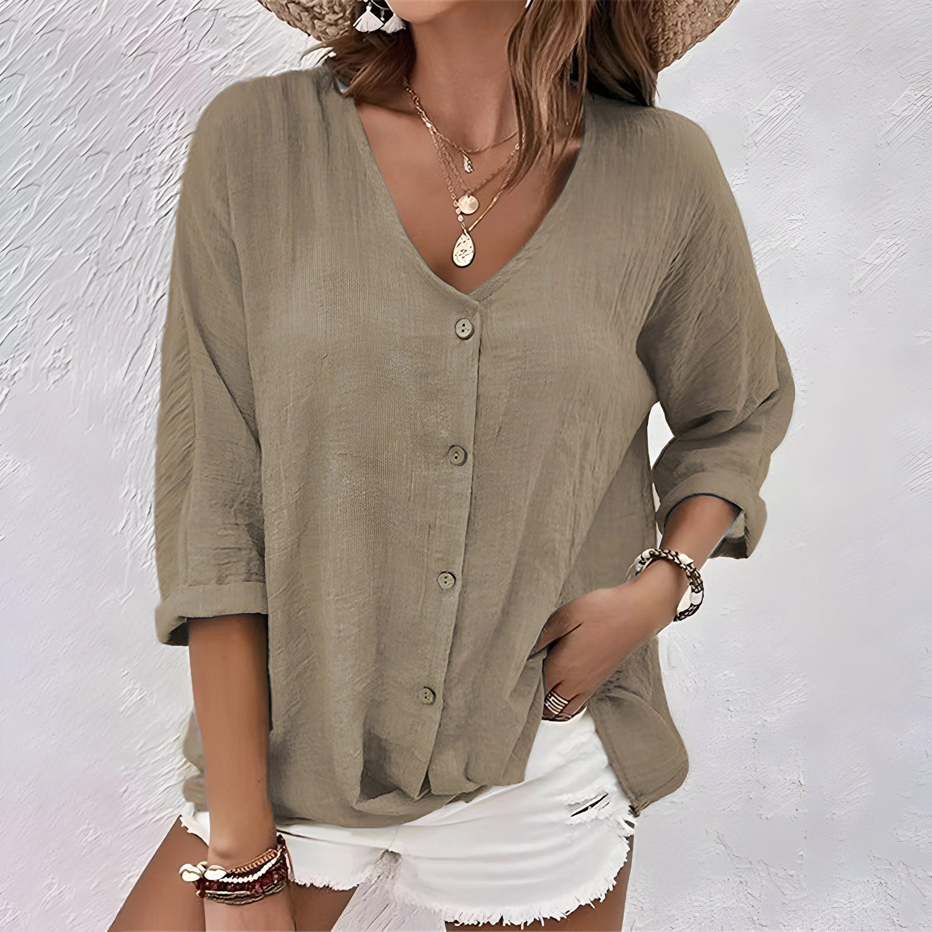 Women's Button-Up Blouse V-Neck Long Sleeve Relaxed - Khaki
