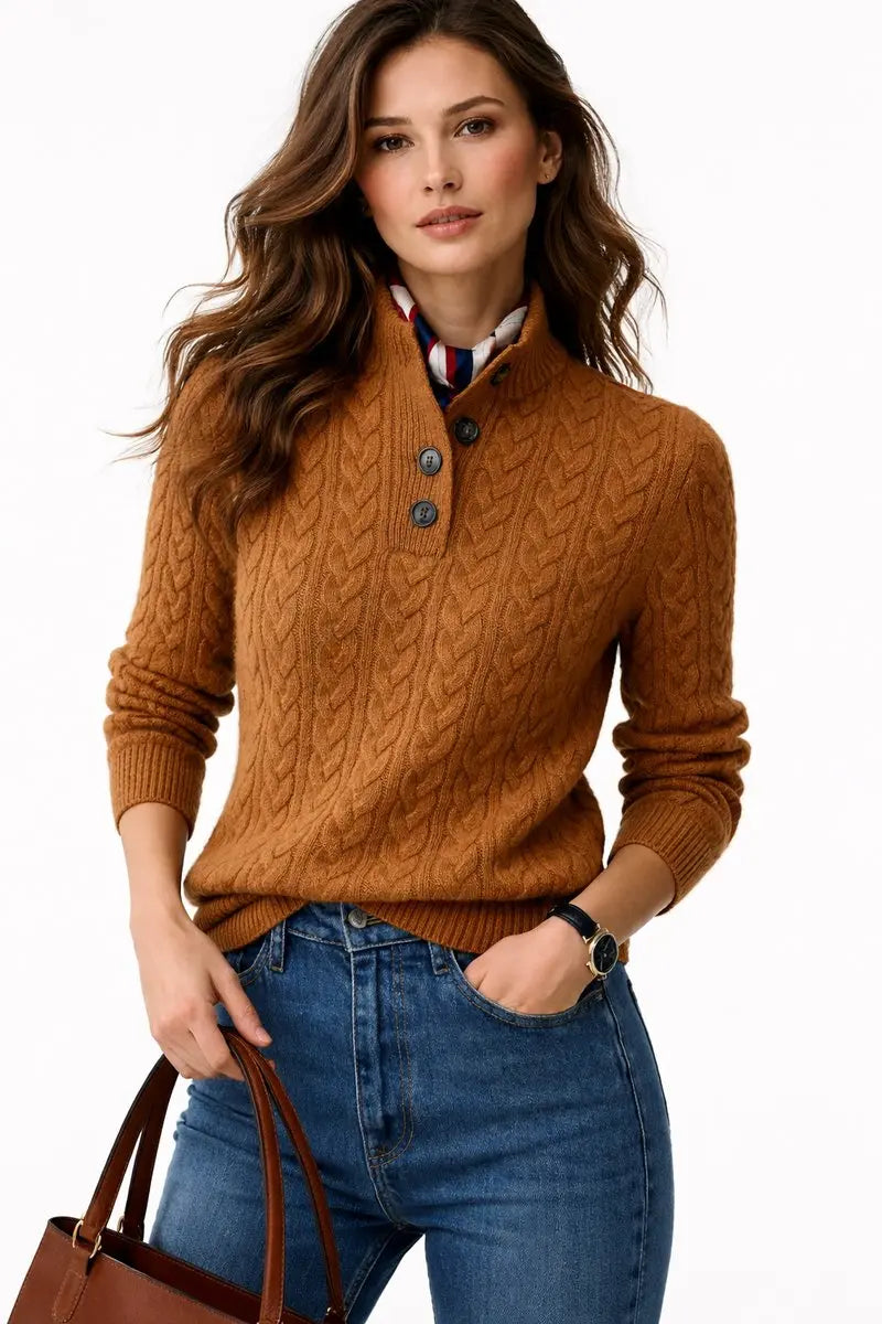Women's Cable Knit Button-Neck Wool Blend Pullover Sweater - Brown