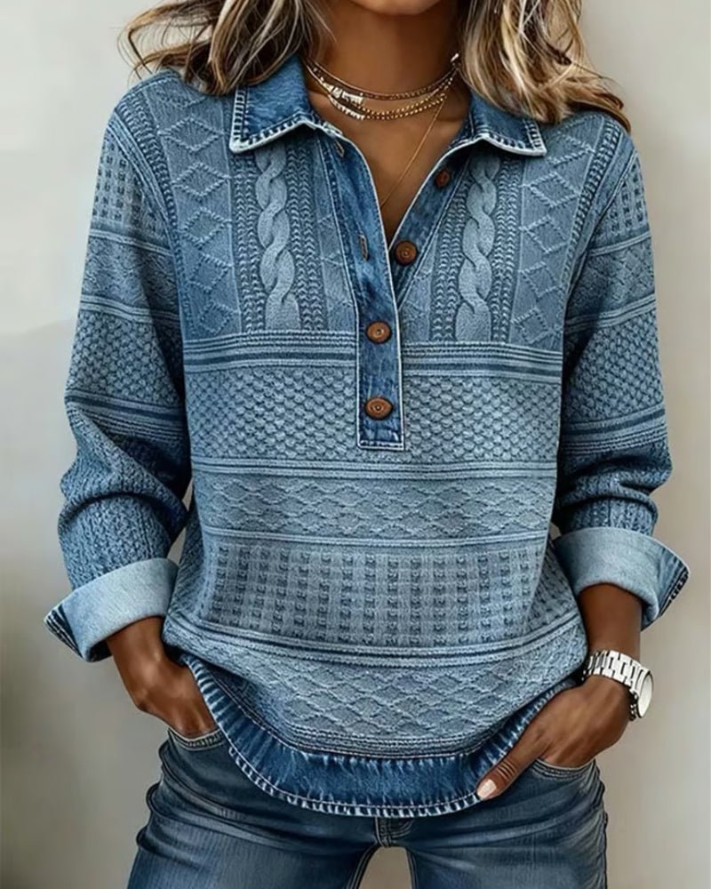 Women's Cable Knit Half-Button Pullover Denim Effect - Blue