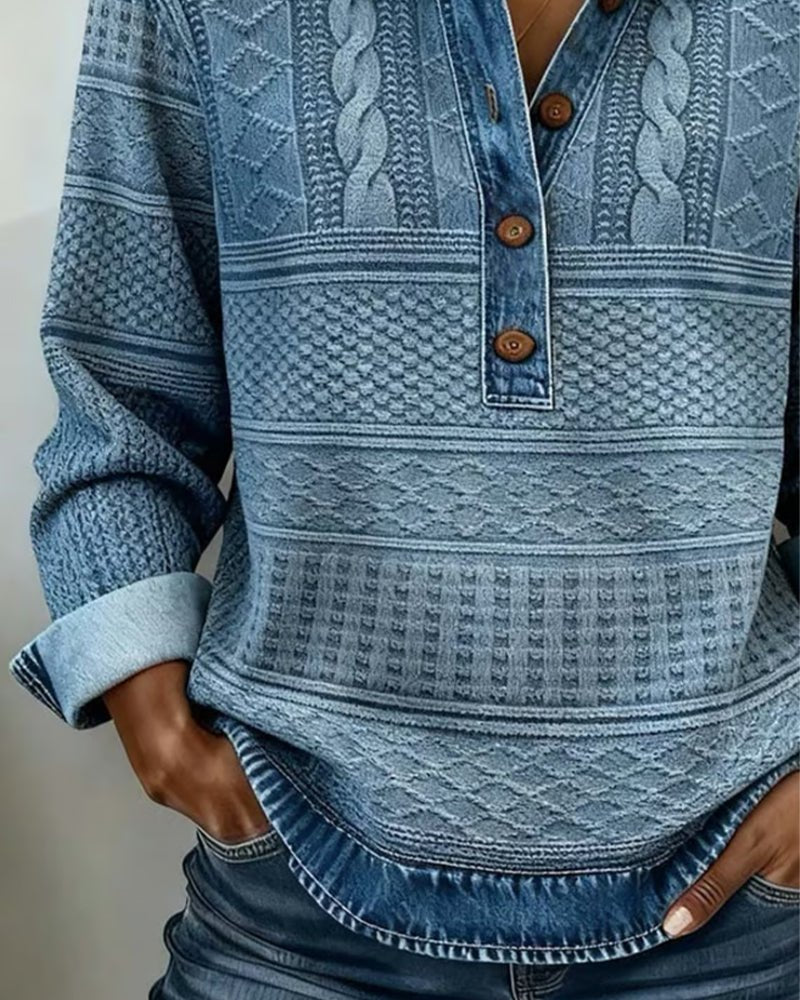 Women's Cable Knit Half-Button Pullover Denim Effect