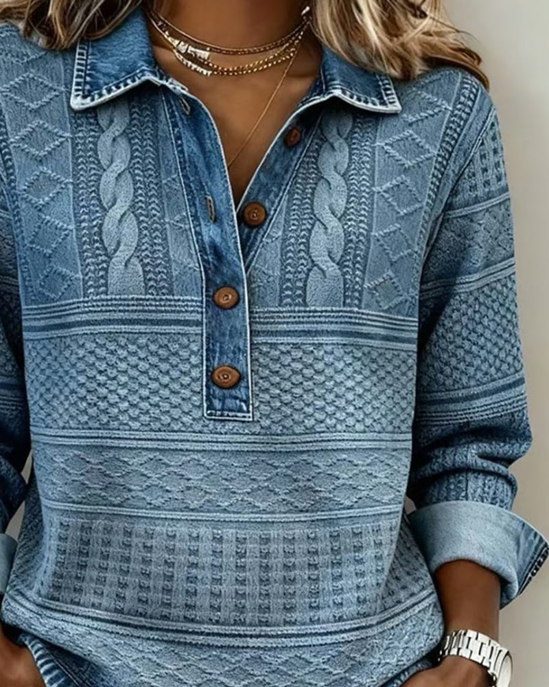 Women's Cable Knit Half-Button Pullover Denim Effect