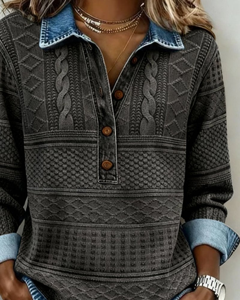 Women's Cable Knit Half-Button Pullover Denim Effect