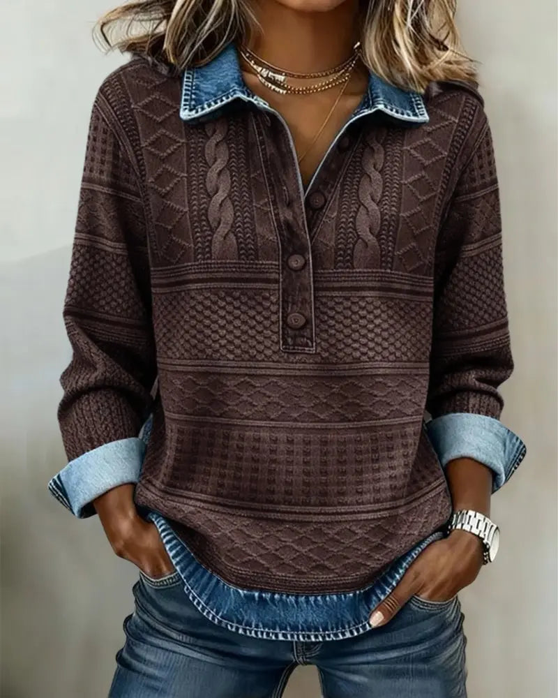 Women's Cable Knit Half-Button Pullover Denim Effect - Coffee