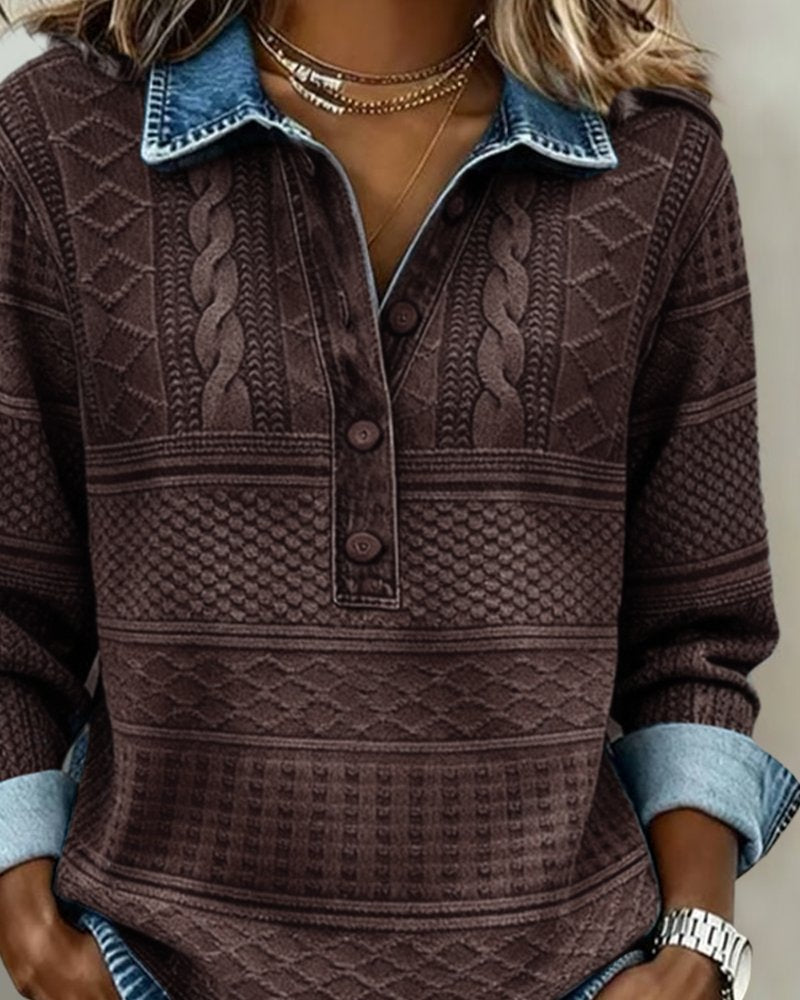 Women's Cable Knit Half-Button Pullover Denim Effect