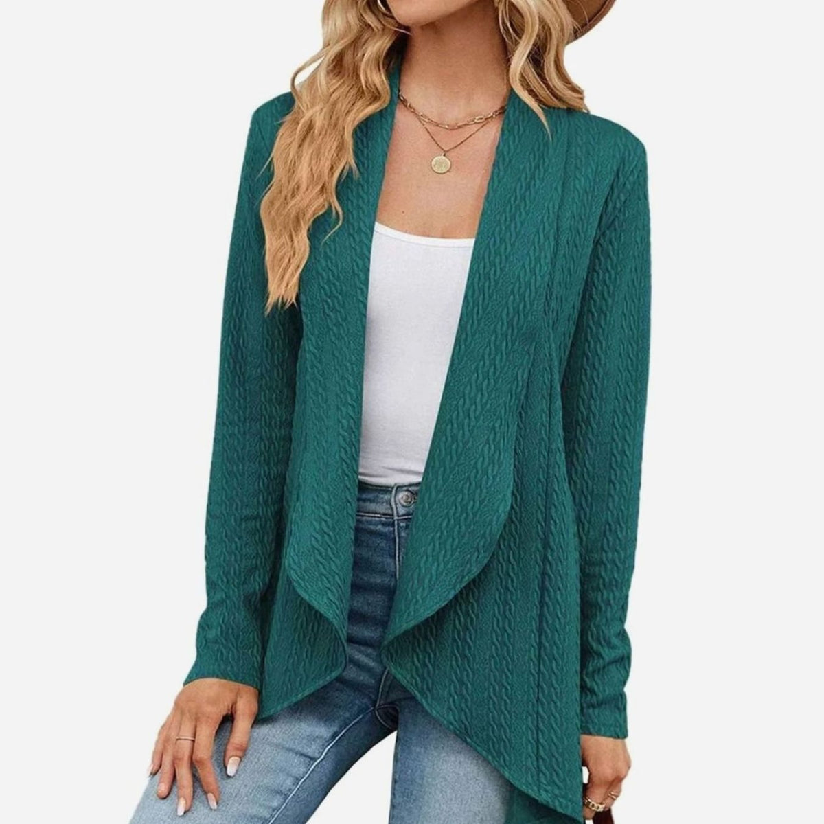 Women's Cable-Knit Open-Front Long-Sleeve Cardigan - Green