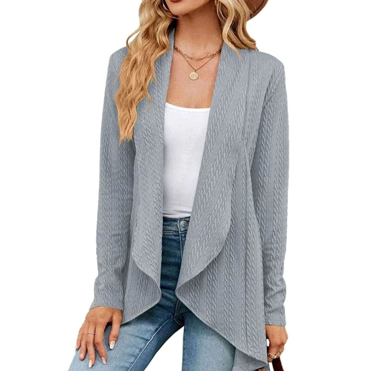 Women's Cable-Knit Open-Front Long-Sleeve Cardigan - Grey