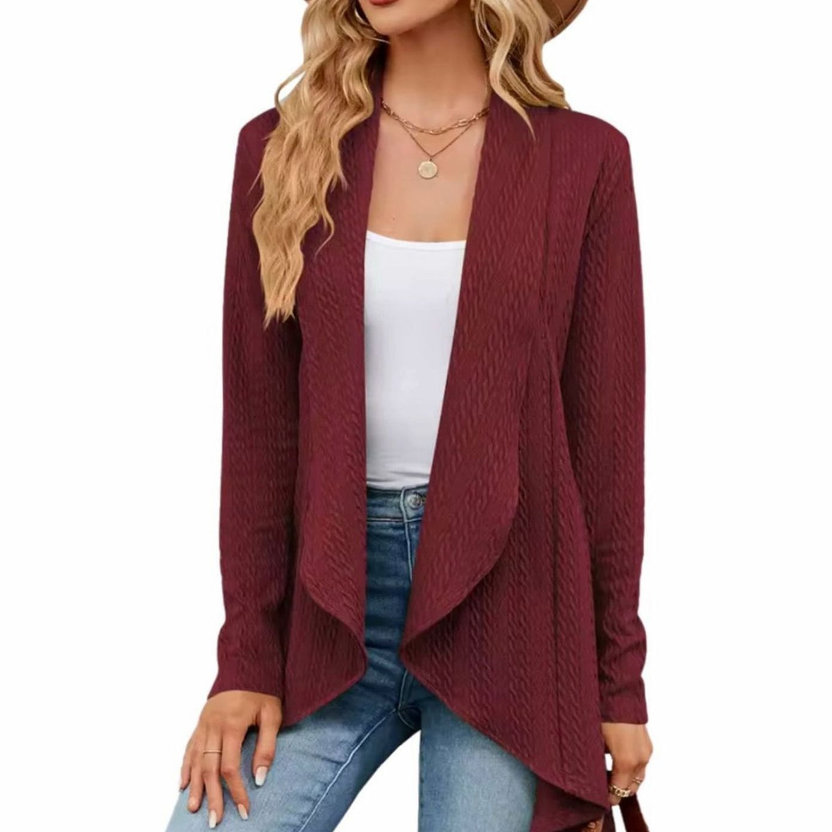 Women's Cable-Knit Open-Front Long-Sleeve Cardigan - Red