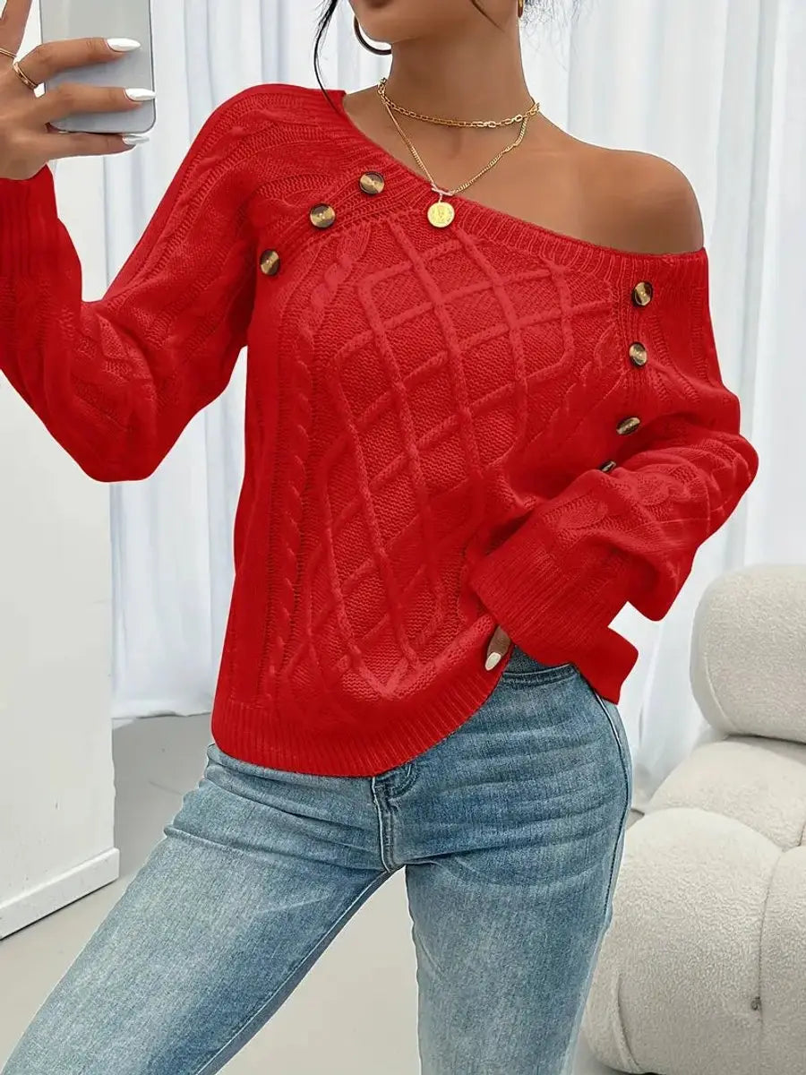 Women's Cable-Knit Sweater Round Neck Button Detail Jumper