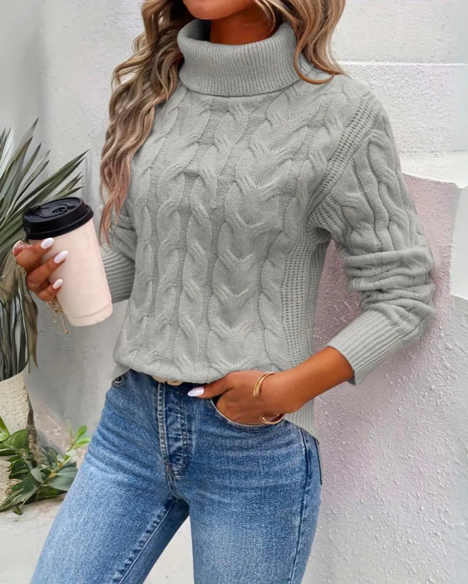 Women's Cable-Knit Turtleneck Sweater Longline Jumper - Grey