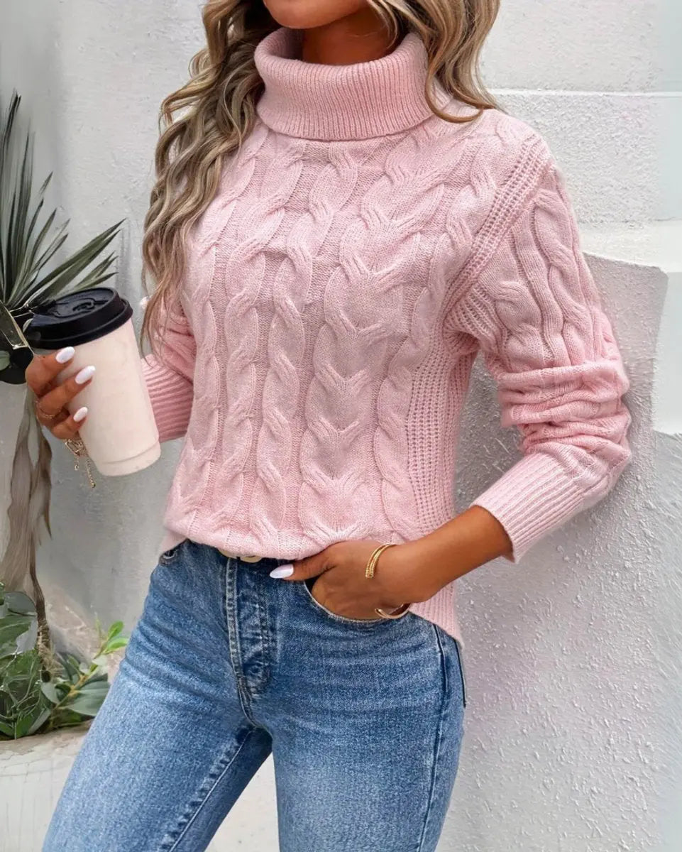 Women's Cable-Knit Turtleneck Sweater Longline Jumper - Pink