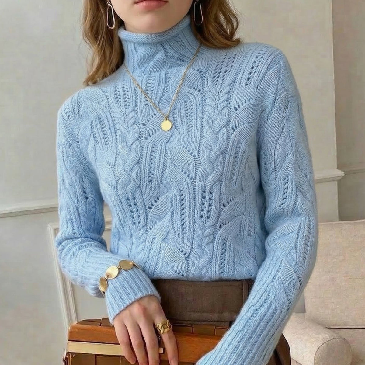 Women's Cable-Knit Turtleneck Wool Knitwear Jumper - Blue