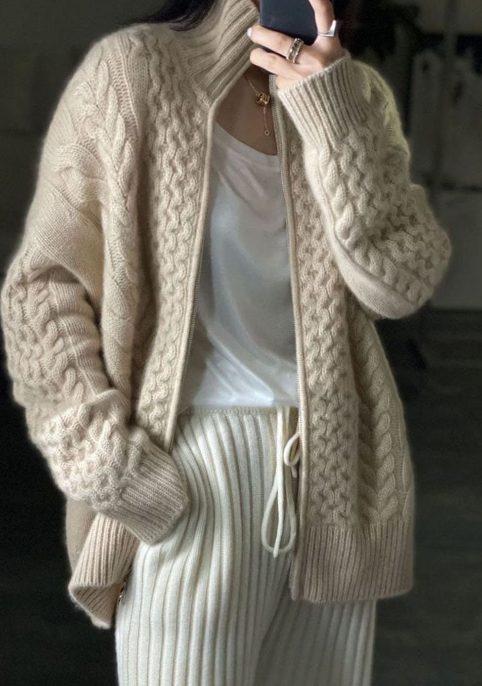 Women's Cable Knit Zip-Up High-Neck Cardigan Sweater