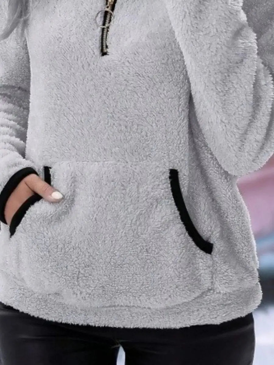 Womens Cardigan Half-Zip Fluffy Teddy Fleece Pullover Jumper