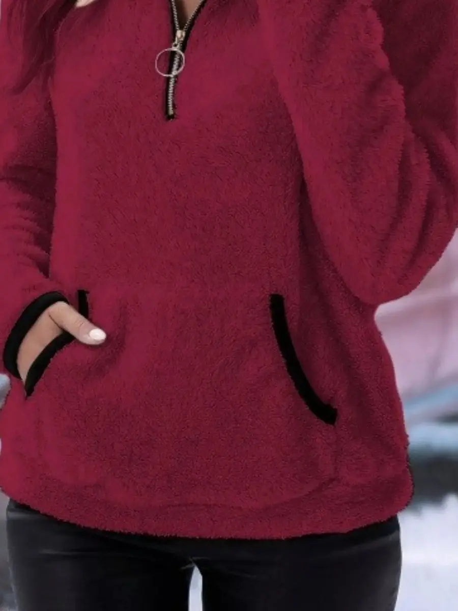 Womens Cardigan Half-Zip Fluffy Teddy Fleece Pullover Jumper