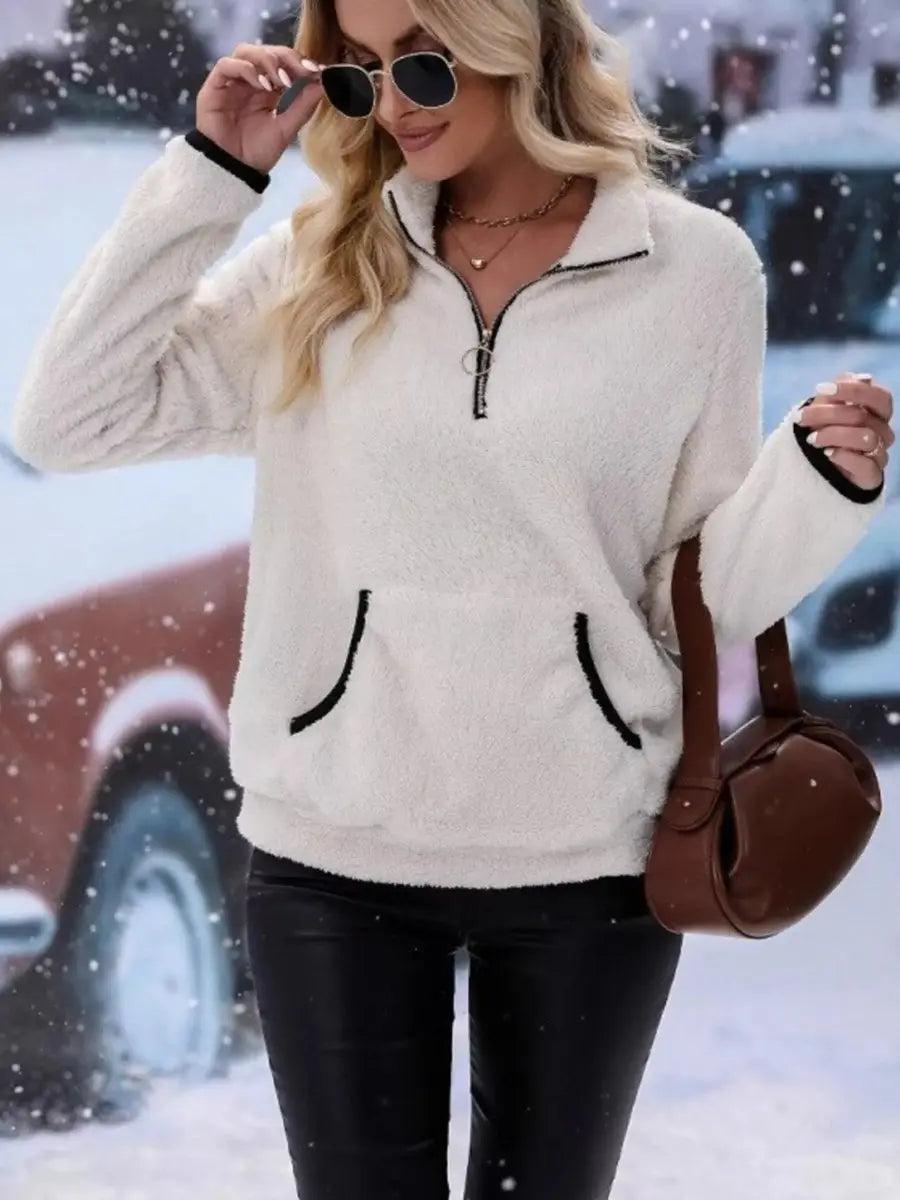 Womens Cardigan Half-Zip Fluffy Teddy Fleece Pullover Jumper - White